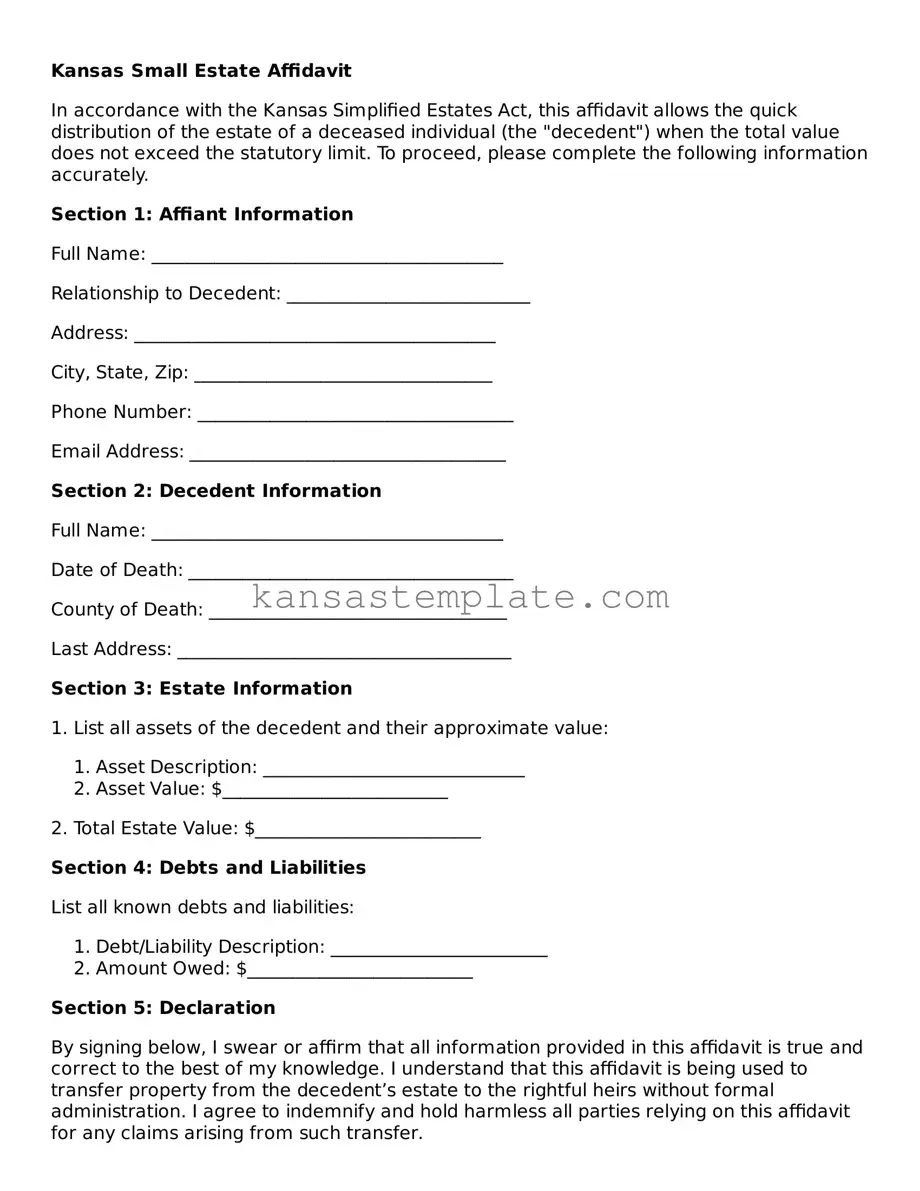 Valid Small Estate Affidavit Form for Kansas State