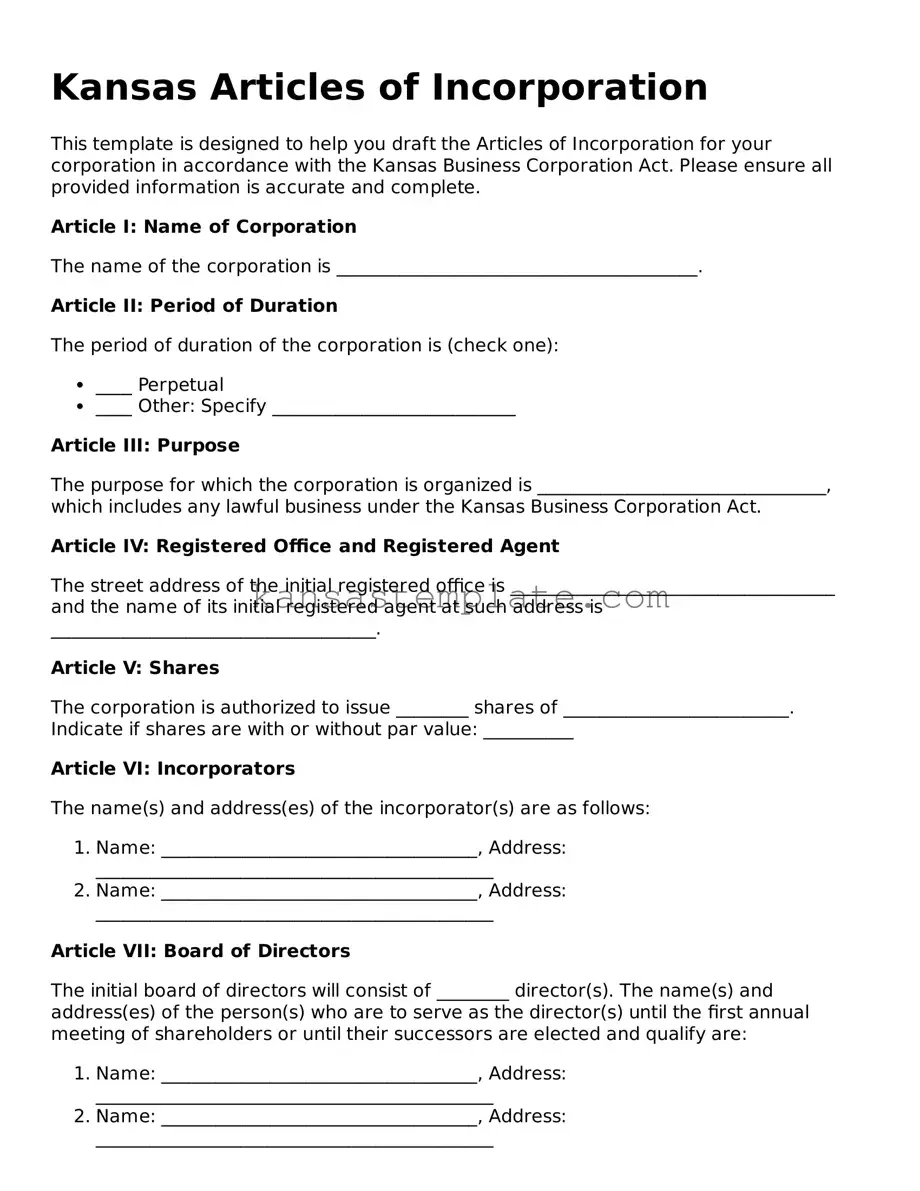 Valid Articles of Incorporation Form for Kansas State
