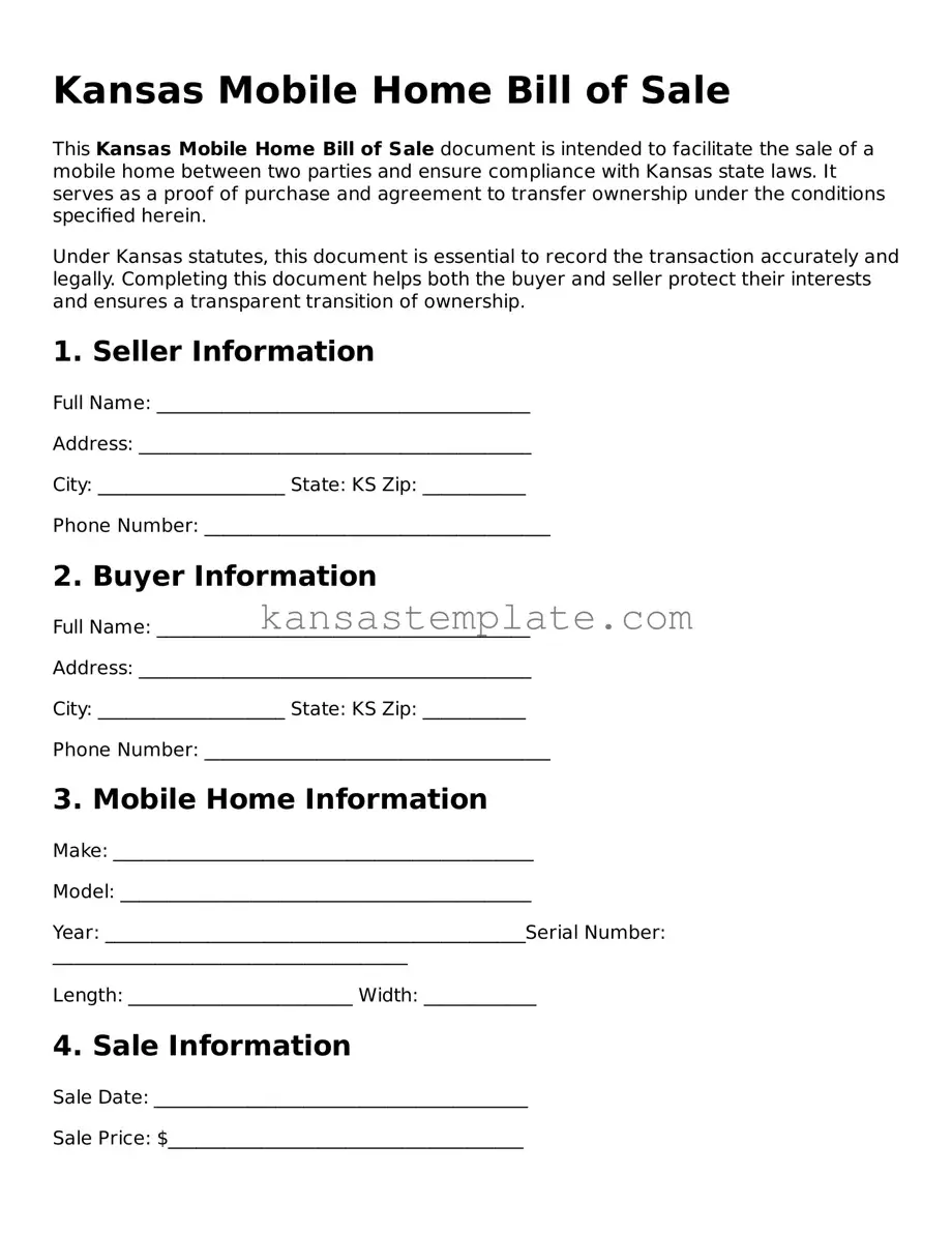 Valid Mobile Home Bill of Sale Form for Kansas State