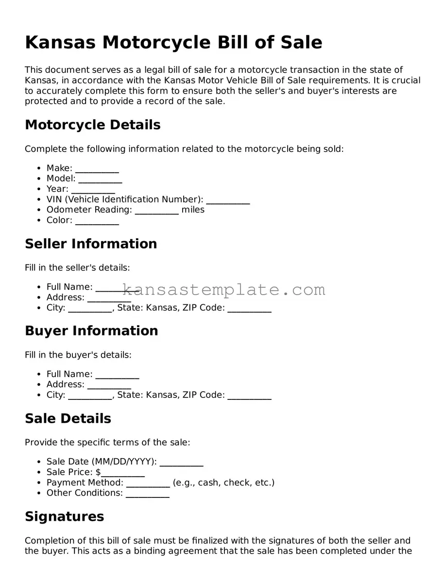 Valid Motorcycle Bill of Sale Form for Kansas State