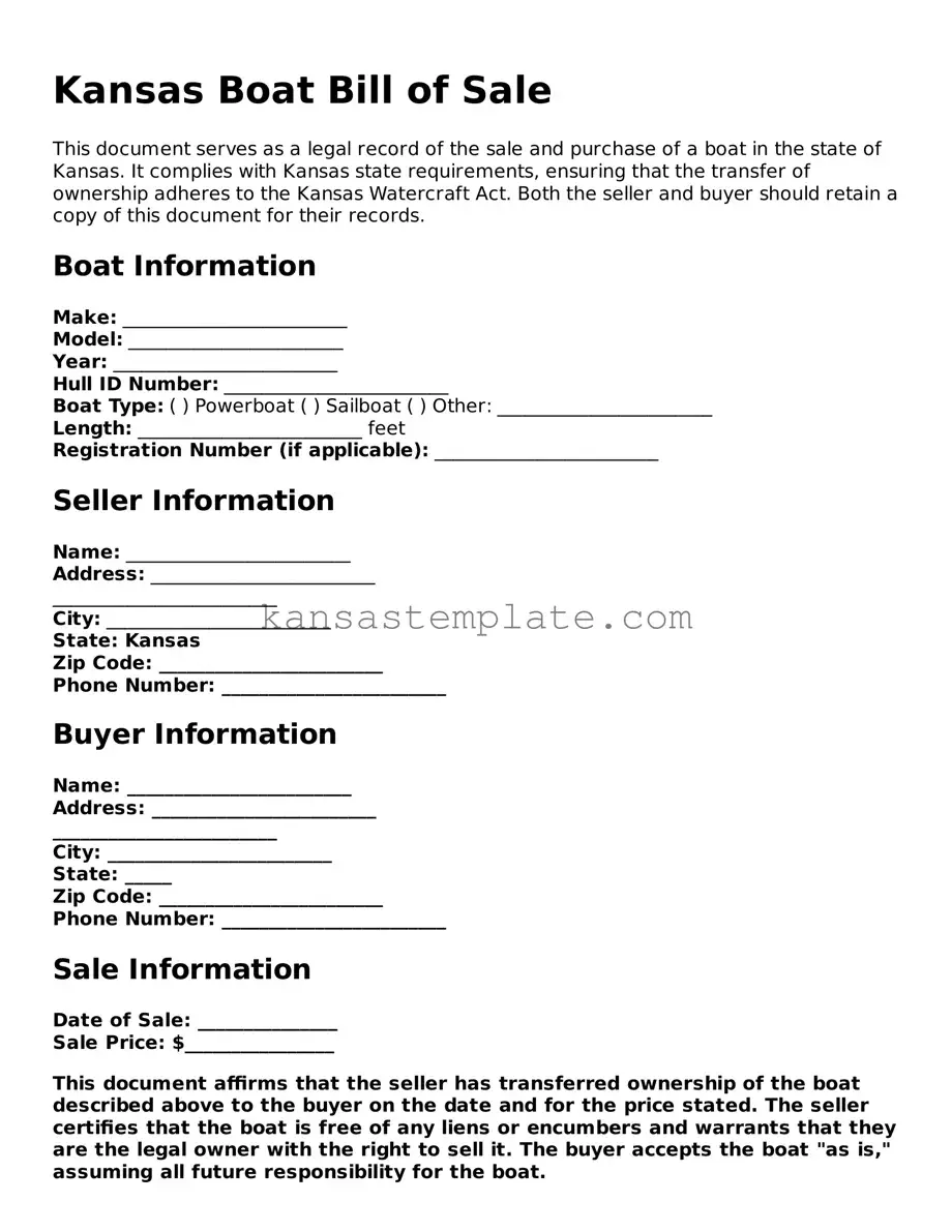 Valid Boat Bill of Sale Form for Kansas State