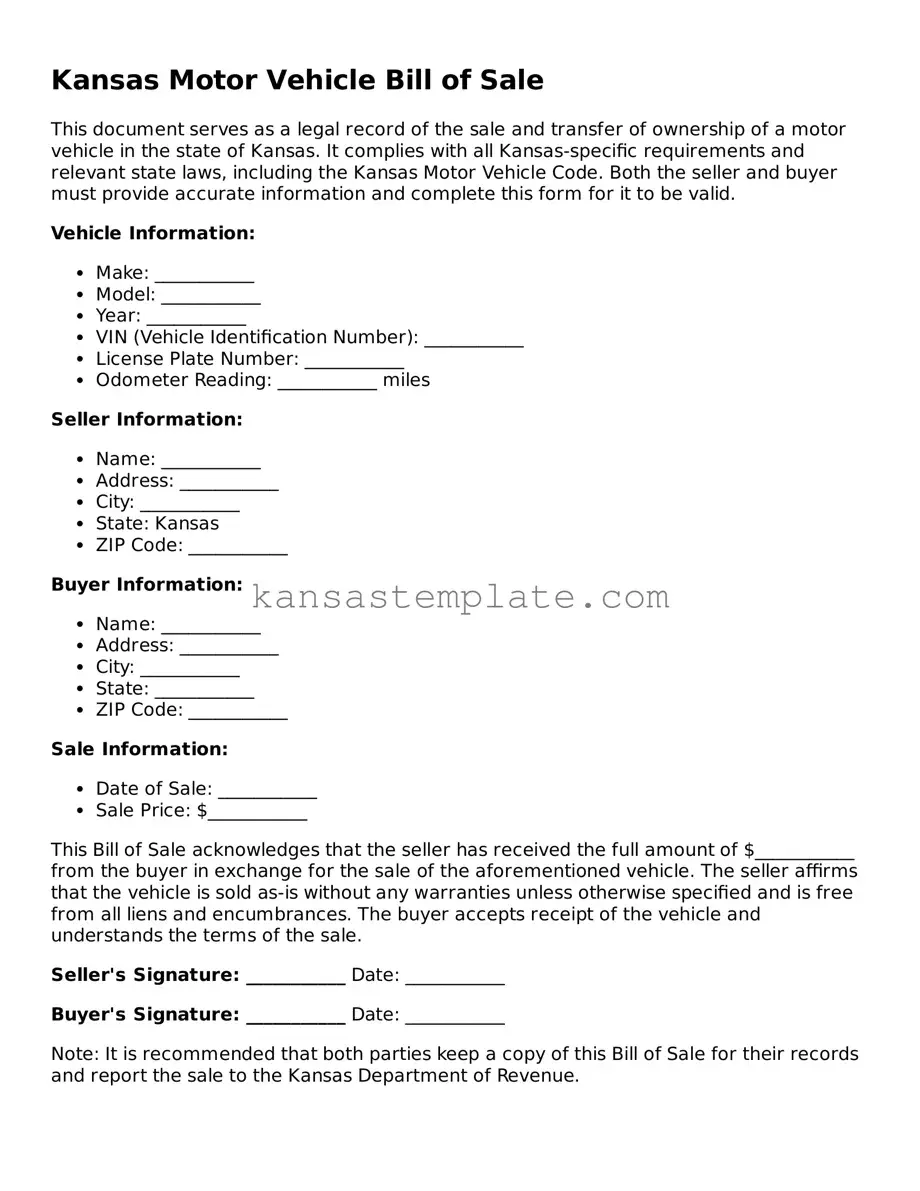 Valid Motor Vehicle Bill of Sale Form for Kansas State