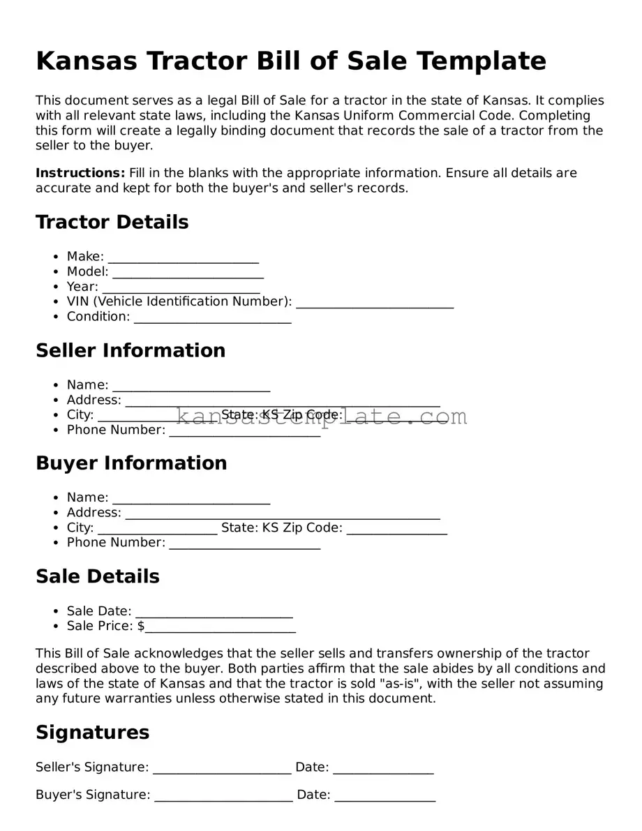Valid Tractor Bill of Sale Form for Kansas State