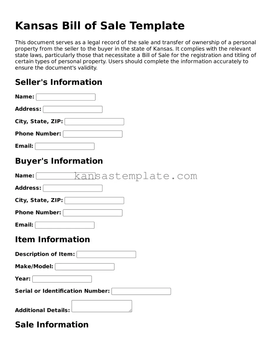 Valid Bill of Sale Form for Kansas State