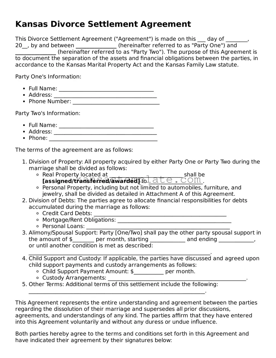 Valid Divorce Settlement Agreement Form for Kansas State
