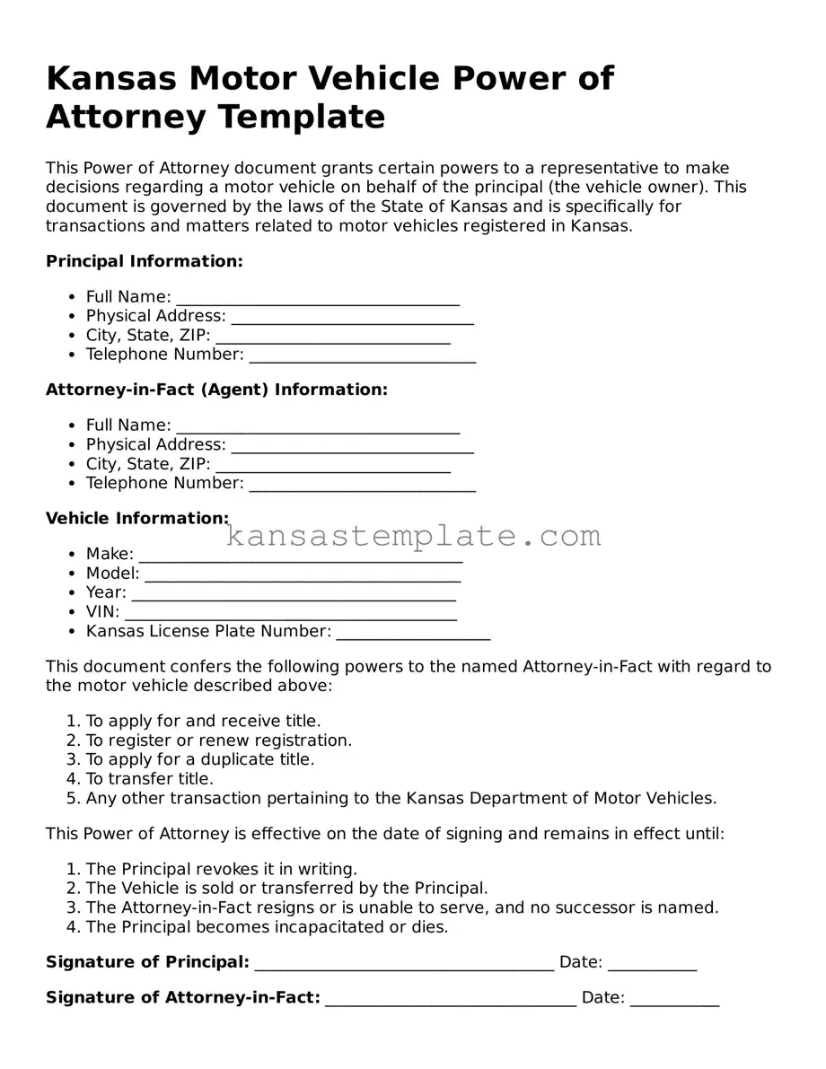 Valid Motor Vehicle Power of Attorney Form for Kansas State