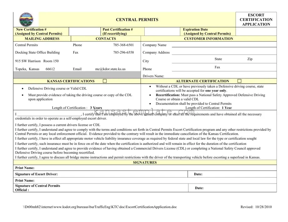 Kansas Escort Certification Template