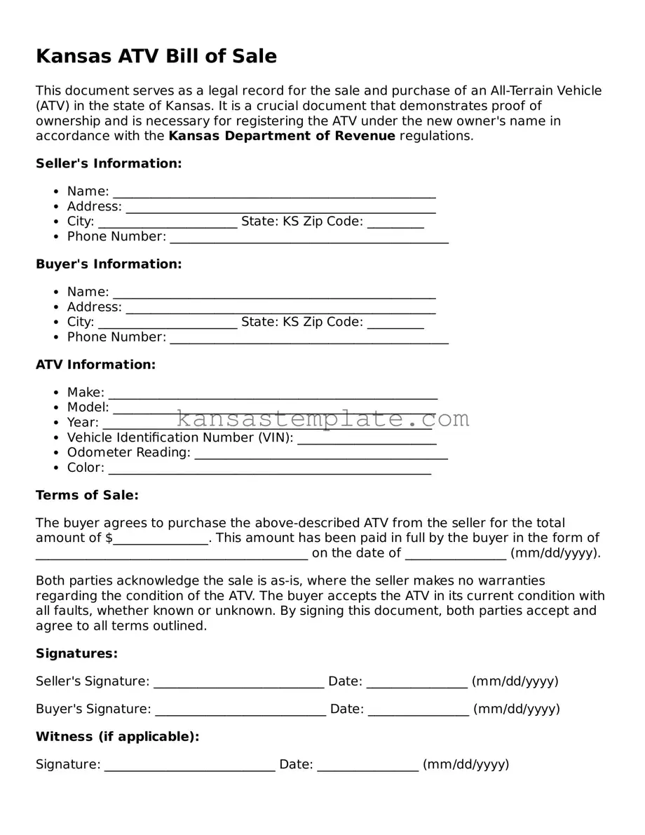 Valid ATV Bill of Sale Form for Kansas State