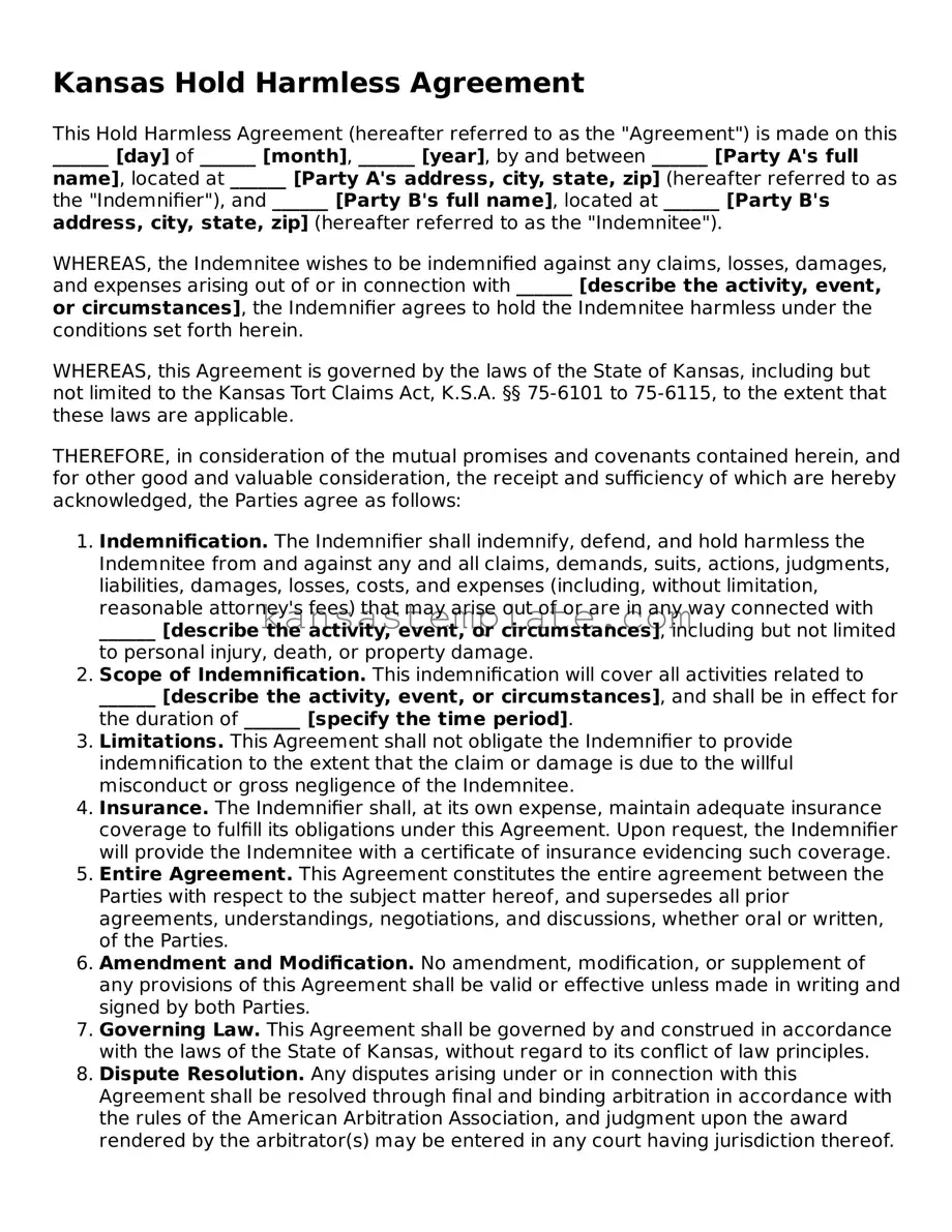 Valid Hold Harmless Agreement Form for Kansas State