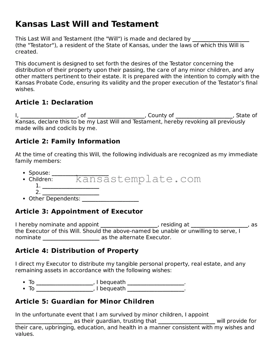 Valid Last Will and Testament Form for Kansas State