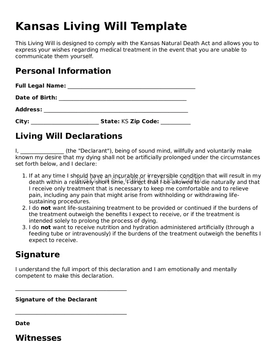 Valid Living Will Form for Kansas State