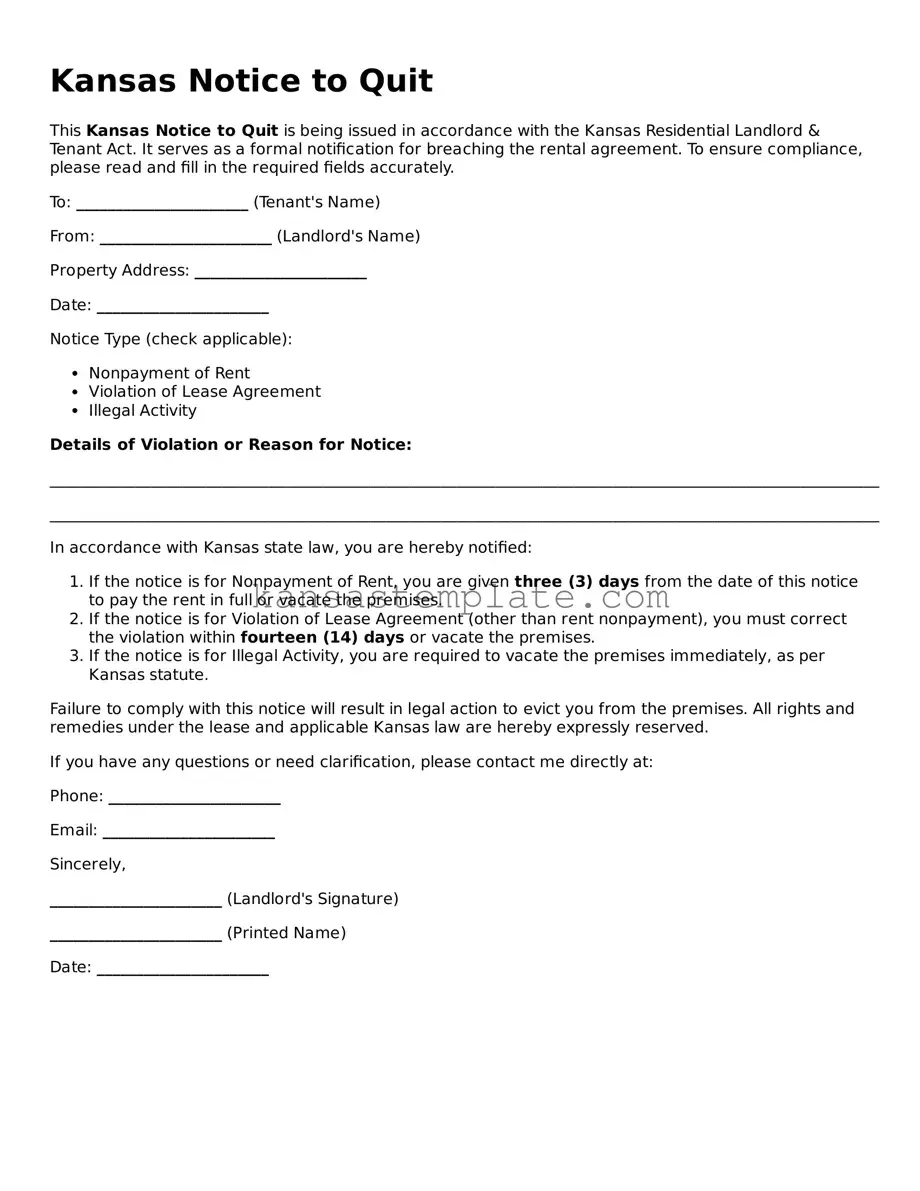 Valid Notice to Quit Form for Kansas State