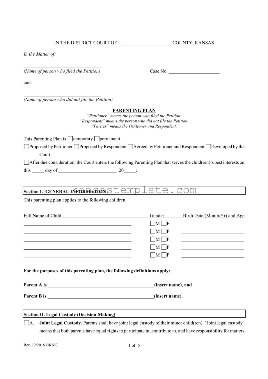 Kansas Parenting Plan Template