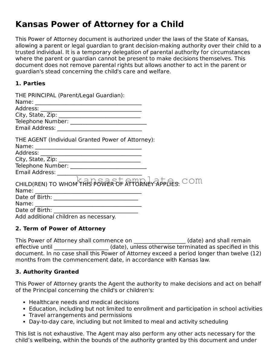 Valid Power of Attorney for a Child Form for Kansas State