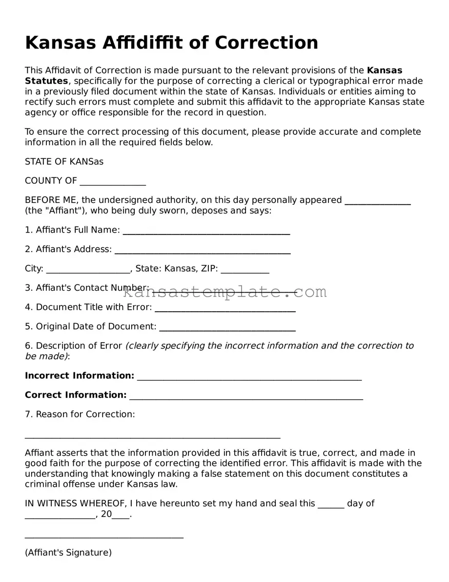 Valid Affidavit of Correction Form for Kansas State