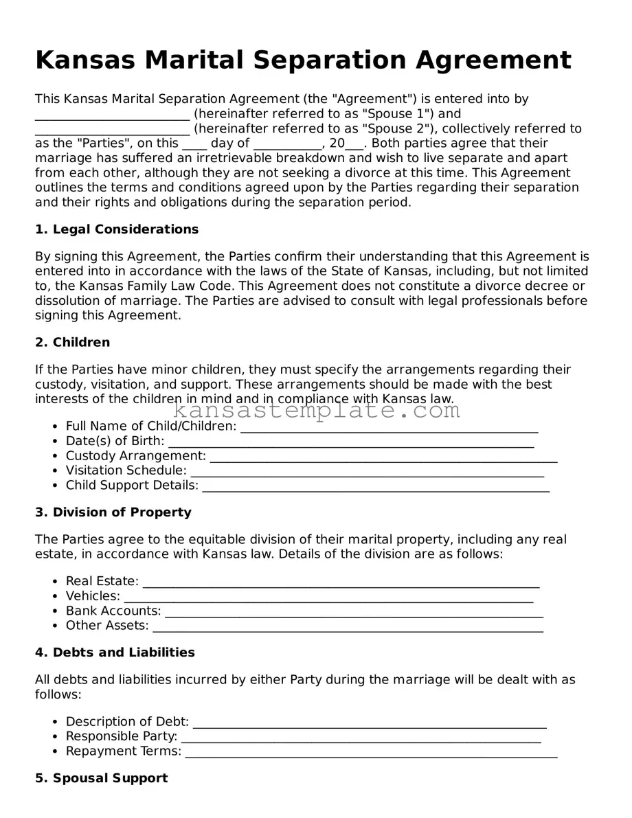 Valid Marital Separation Agreement Form for Kansas State