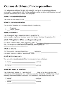 Valid Articles of Incorporation Form for Kansas State
