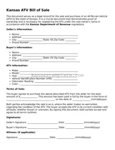 Valid ATV Bill of Sale Form for Kansas State