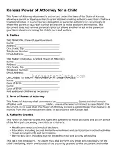 Valid Power of Attorney for a Child Form for Kansas State
