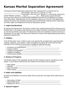 Valid Marital Separation Agreement Form for Kansas State